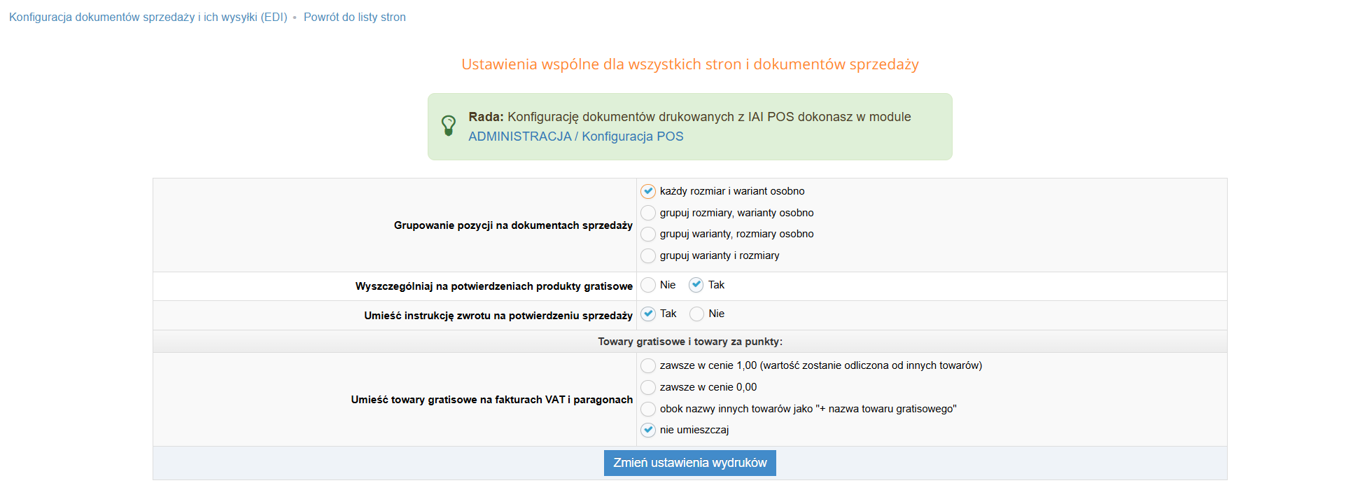 Ustawienia wydruków dokumentów sprzedaży