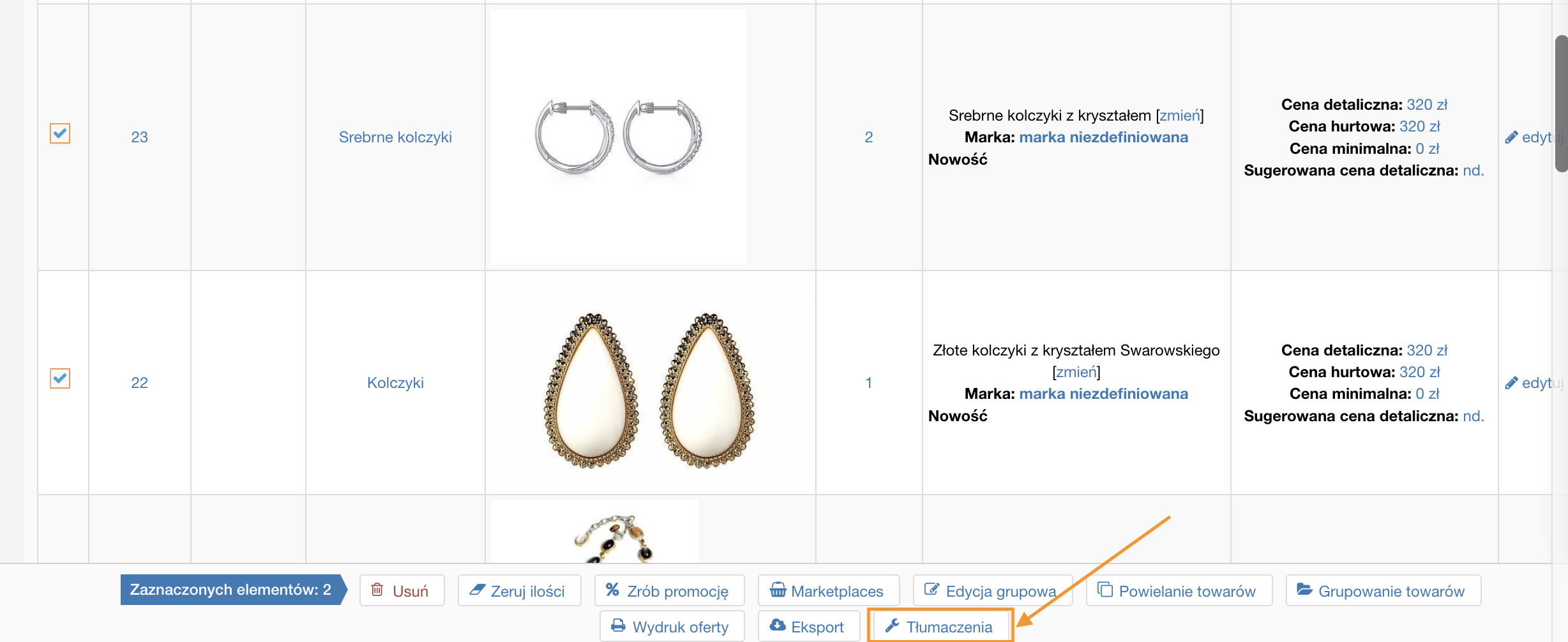 przycisk tłumaczenia na liście towarów