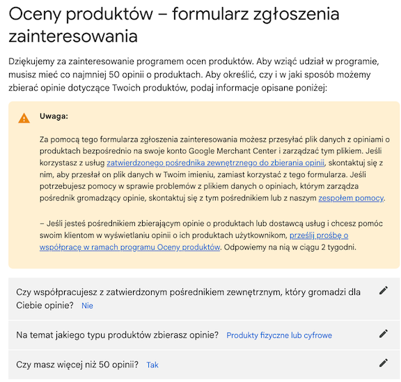 Oceny produktów – formularz zgłoszenia zainteresowania