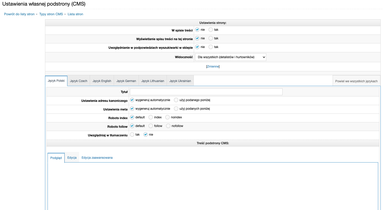 Edycja podstrony CMS