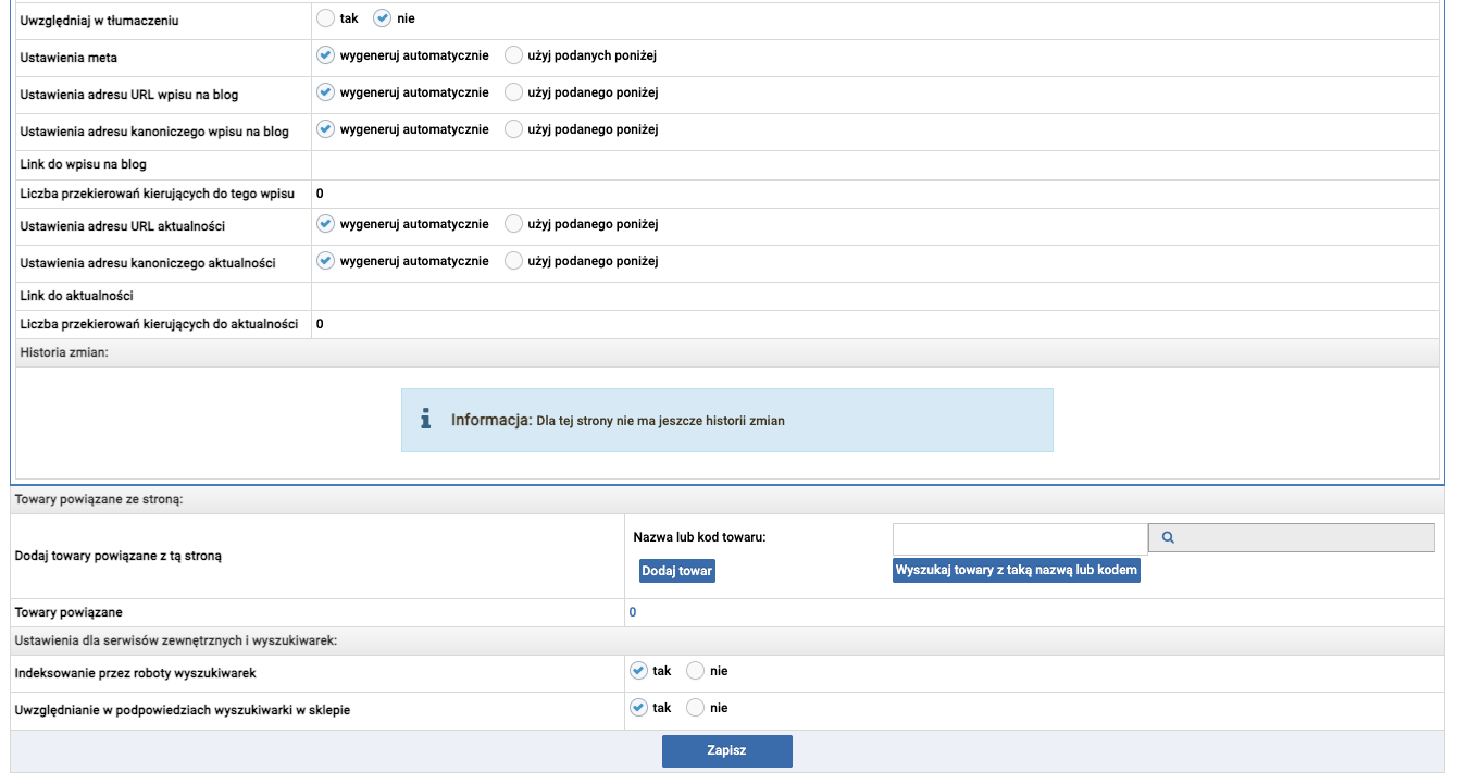 Ustawienia wpisu na blog