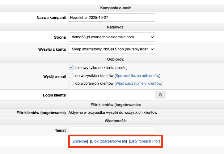 Obsługa zmiennych przy edycji newslettera