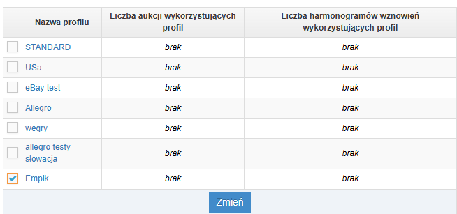 Lista profili dostaw używanych do integracji z serwisem aukcyjnym