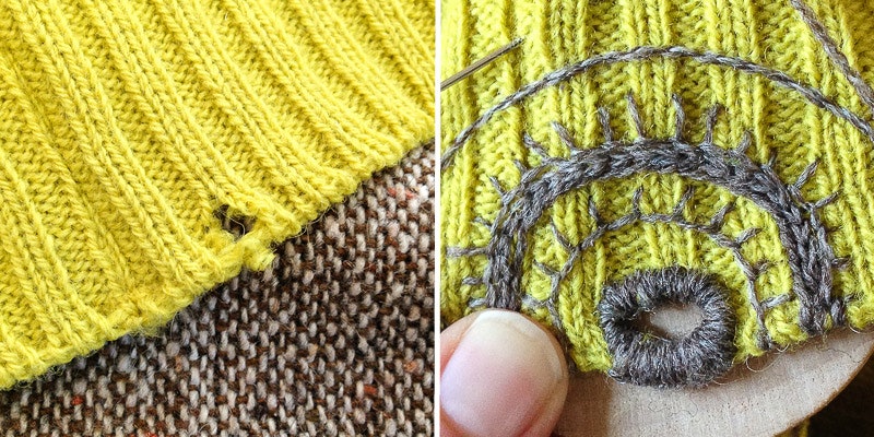 I found this lovely green woolly jumper at a thrift shop. You can see it before with a hole at the hem and after the mending was done. Photos by Kate Larson