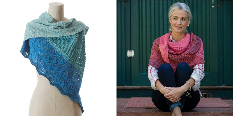 A gradient shawl in two colorways, aqua blues and desert roses. Photos by George Boe unless otherwise noted