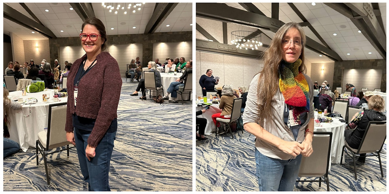 Rosemary T. (left), showing her handspun Carbeth Cardigan. Angela S. (right), showing her Bejeweled Rainbow Wavy Wedges scarf.