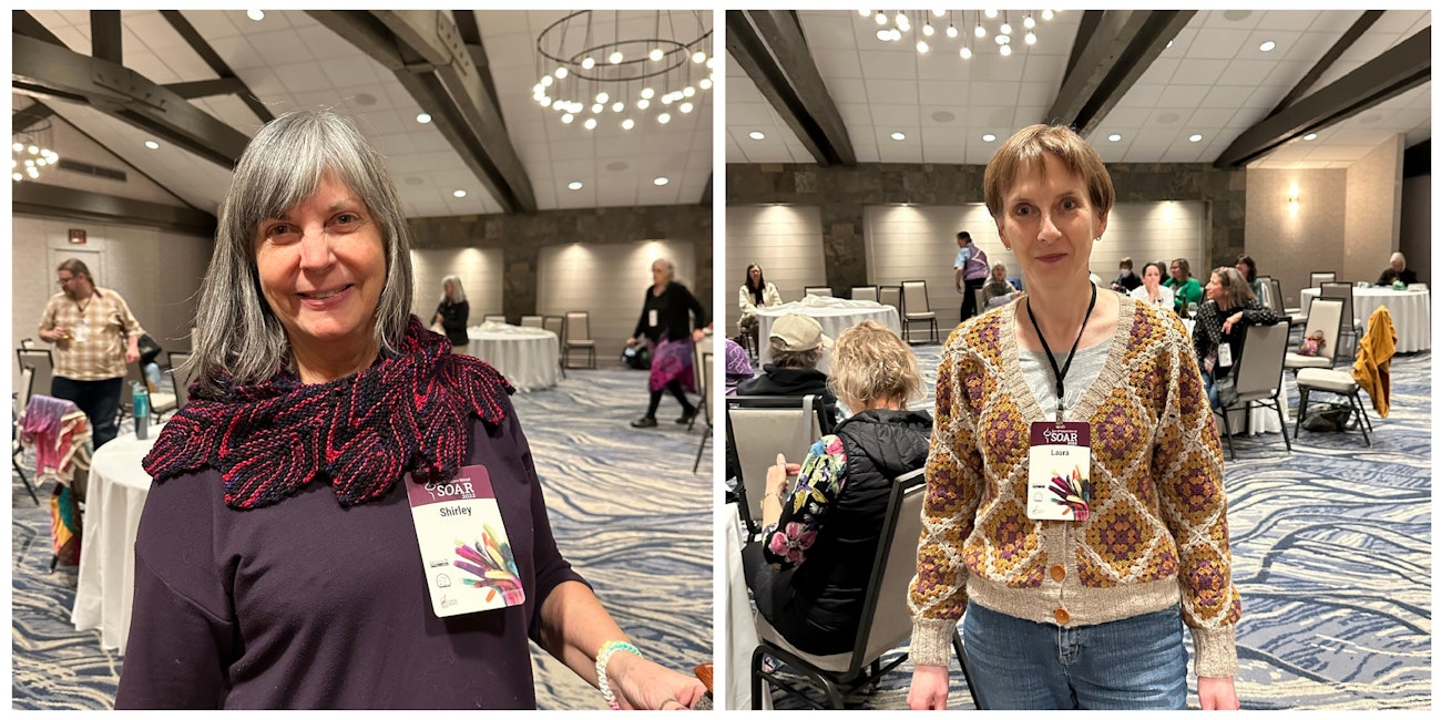 Shirley W. (left) showing her knitted short-row scarf, and Laura W. (right) showing her Granny Square Cardigan.