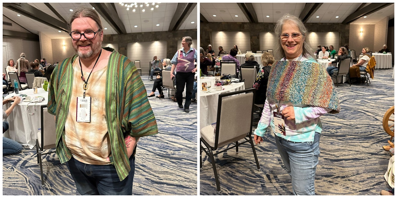 Devin H. (left) showing their yak/silk kimono and Laureen B. (right) showing her Mobius Cowl.