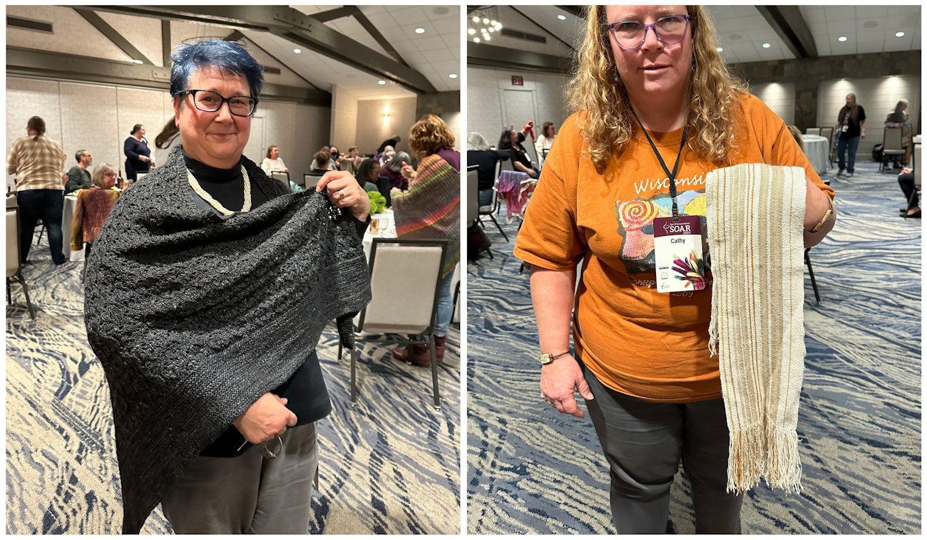 Grace T. (left) showing her Ginormous Shawl and Cathy L. (right) showing her silk sampler scarf.