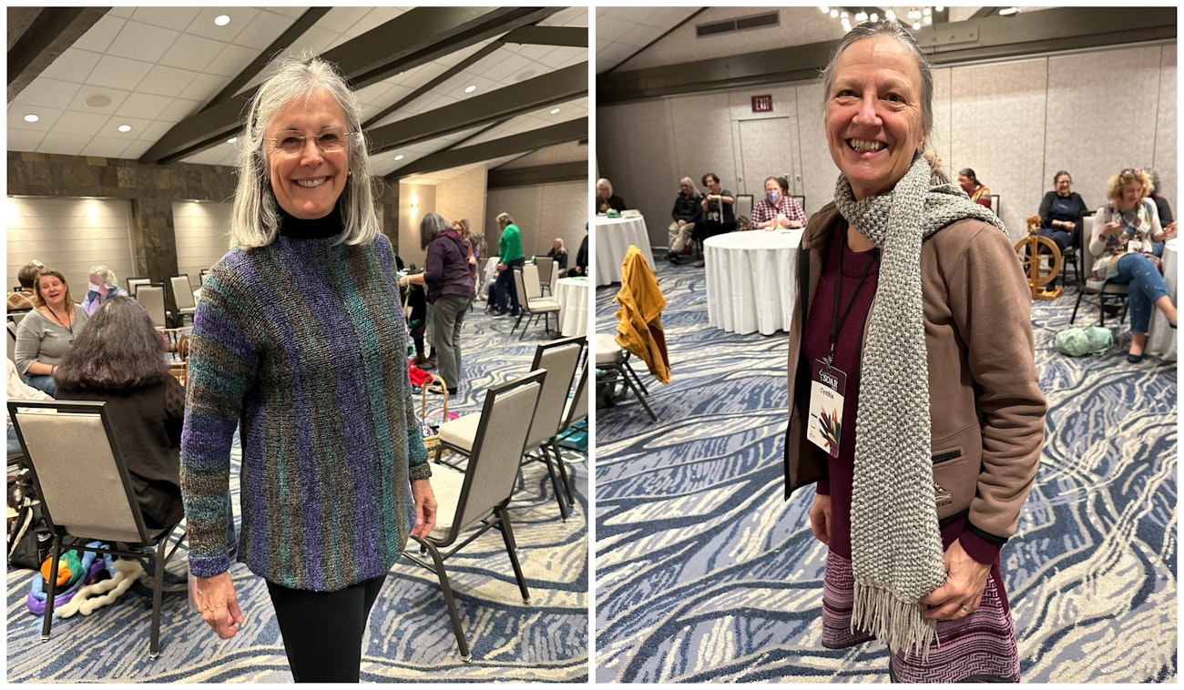 Ruth B. (left) showing her knitted sweater, and Cynthia E. (right) showing her Sylvia’s chinchilla scarf.