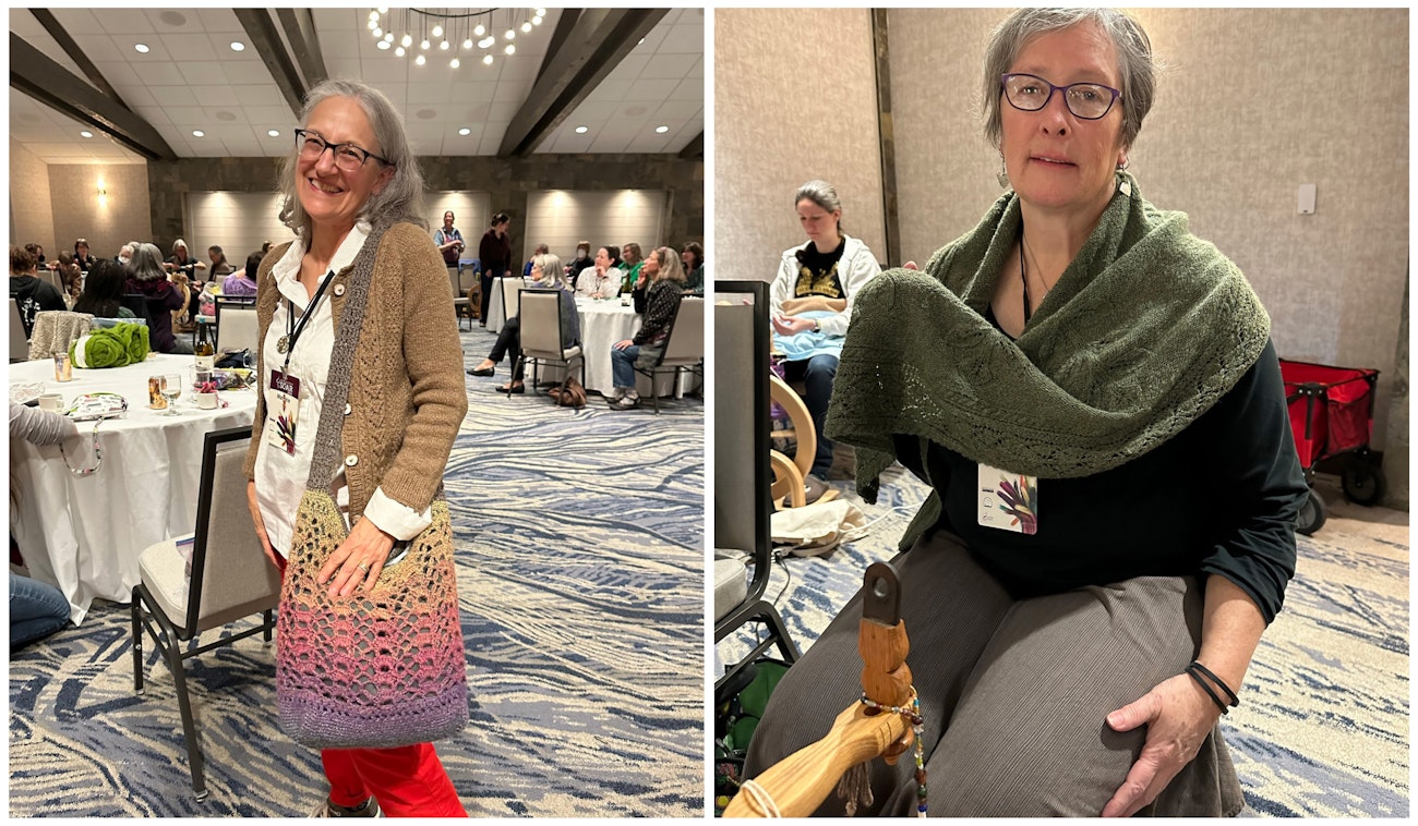 Marjorie B. (left), showing two projects, her Mariechen cardigan and Bogue Banks Beach Tote and Rebecca R. (right), showing Green Earth.