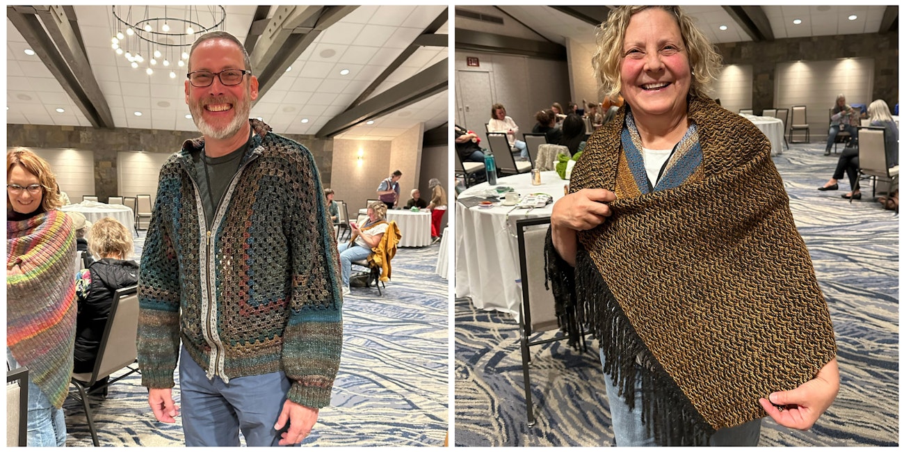 John M. (left) showing his Silky Granny Sweater and Marci E. (right) showing her woven twill shawl.