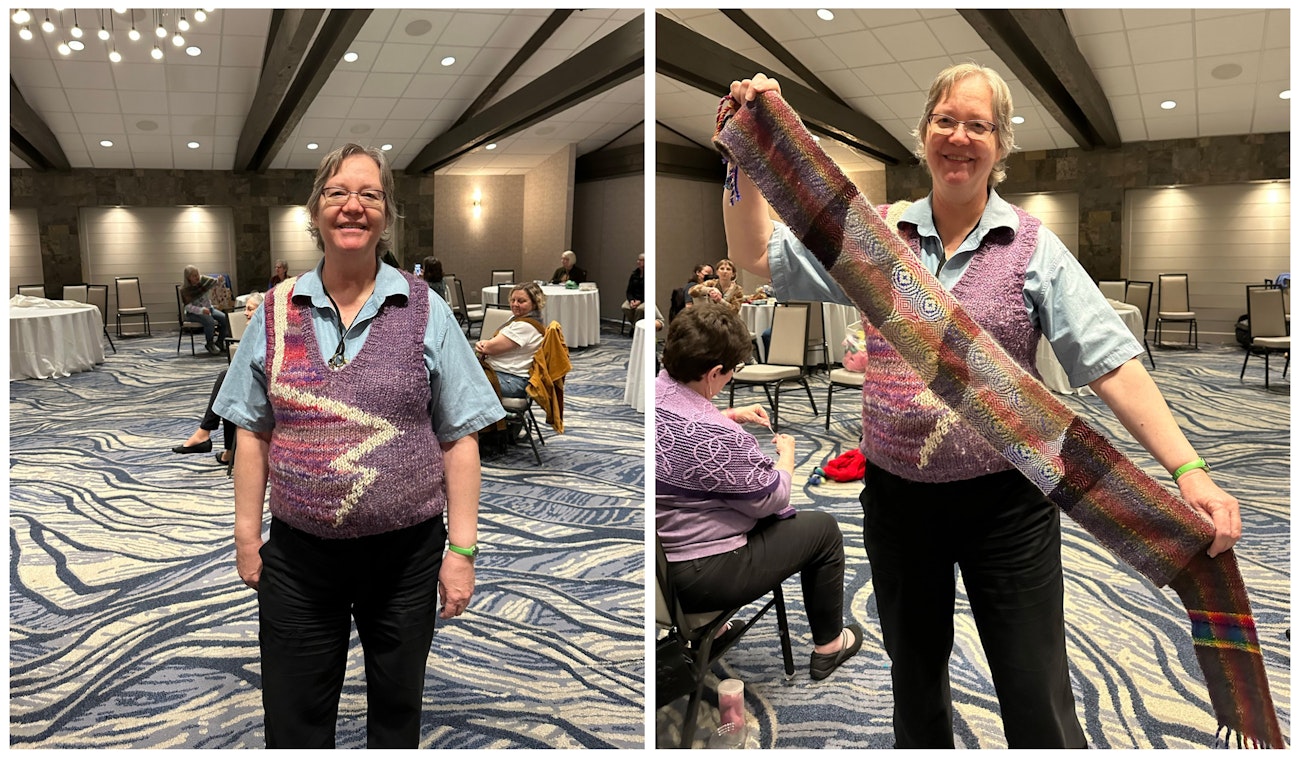 Becky C. showing her purple vest (left) and scarf with cat hair (right).
