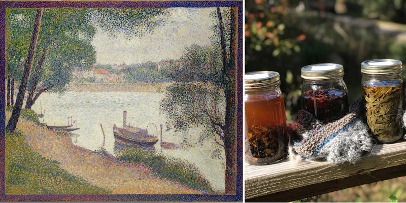 Left: Gray Weather, Grande Jatte is an example of a pointillist painting by Georges Seurat. When viewed up close, precise dots of paint are noticeable; when viewed from afar, the viewer’s eye blends those dots into colors. Courtesy of the Metropolitan Museum of Art. Right: Plants gathered at the John C. Campbell Folk School steep in the sun, resulting in a variety of dyes. Photo by Martha Owen