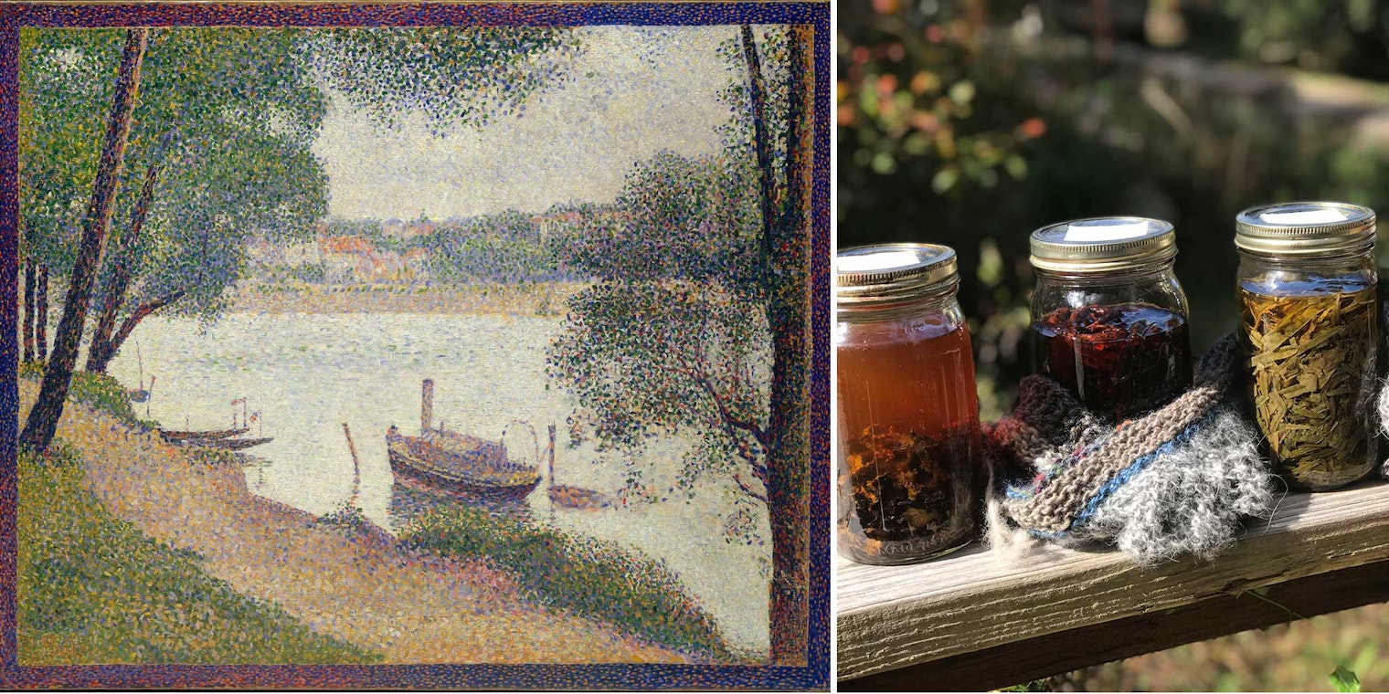 Left: Gray Weather, Grande Jatte is an example of a pointillist painting by Georges Seurat. When viewed up close, precise dots of paint are noticeable; when viewed from afar, the viewer’s eye blends those dots into colors. Courtesy of the Metropolitan Museum of Art. Right: Plants gathered at the John C. Campbell Folk School steep in the sun, resulting in a variety of dyes. Photo by Martha Owen