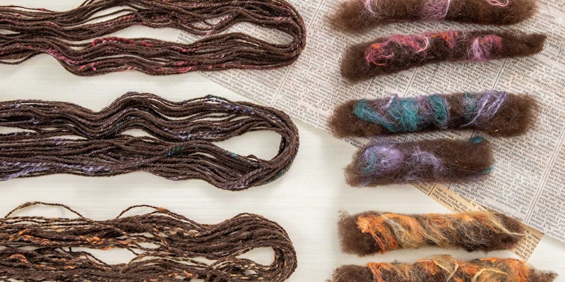 Rolags and finished yarns in Jaya's three color palettes: red/pink, teal/purple, and yellow/orange. Photos by Matt Graves