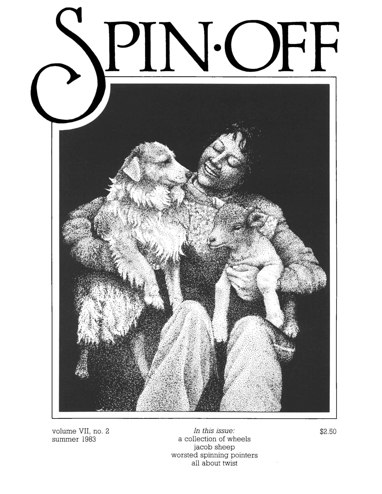 Cover of Spin Off magazine showing a black-and-white hand-drawn grayscale portrait of a dog, woman, and lamb