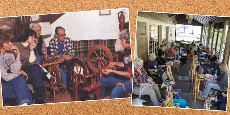 Some things never change: a session at the first SOAR event in 1983 (left) and at the event in 2021 (right). SOAR continues to celebrate our love of fiber, love of learning, and love of community. Photo at left from the Spin Off Archives; photo at right by Matt Graves