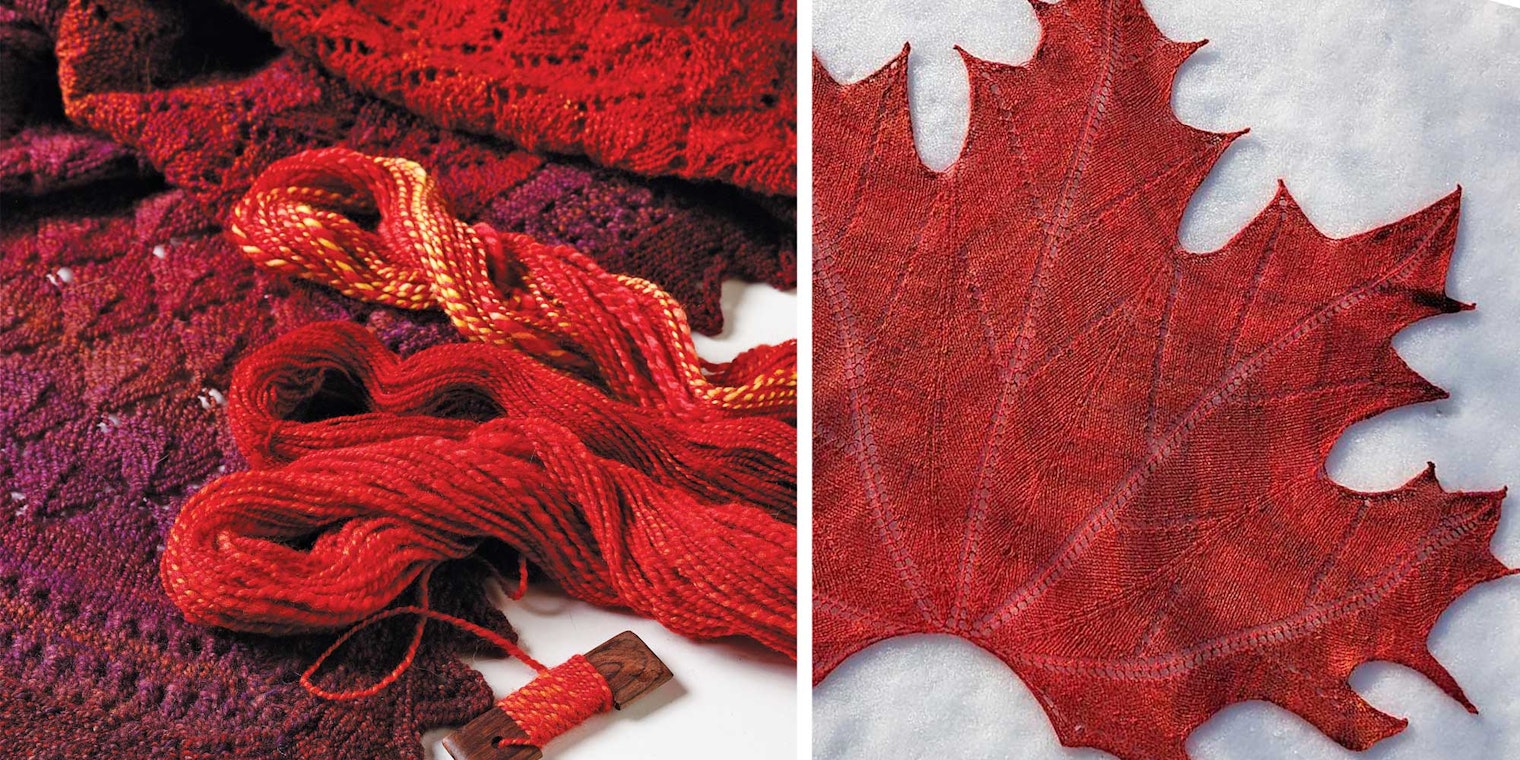 Left to right: The Fall Leaves Shawl and the Maple Leaf Shawl showcase autumn’s glorious colors. (Photo at left by Joe Coca; at right by Gina Geaudry)