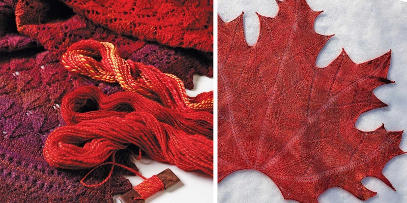 Left to right: The Fall Leaves Shawl and the Maple Leaf Shawl showcase autumn’s glorious colors. (Photo at left by Joe Coca; at right by Gina Geaudry)