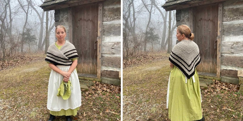Kaye wearing her handspun sontag with period attire. Sontag shawls wrap around the front and tie at the back. Photos courtesy of Kaye Miller
