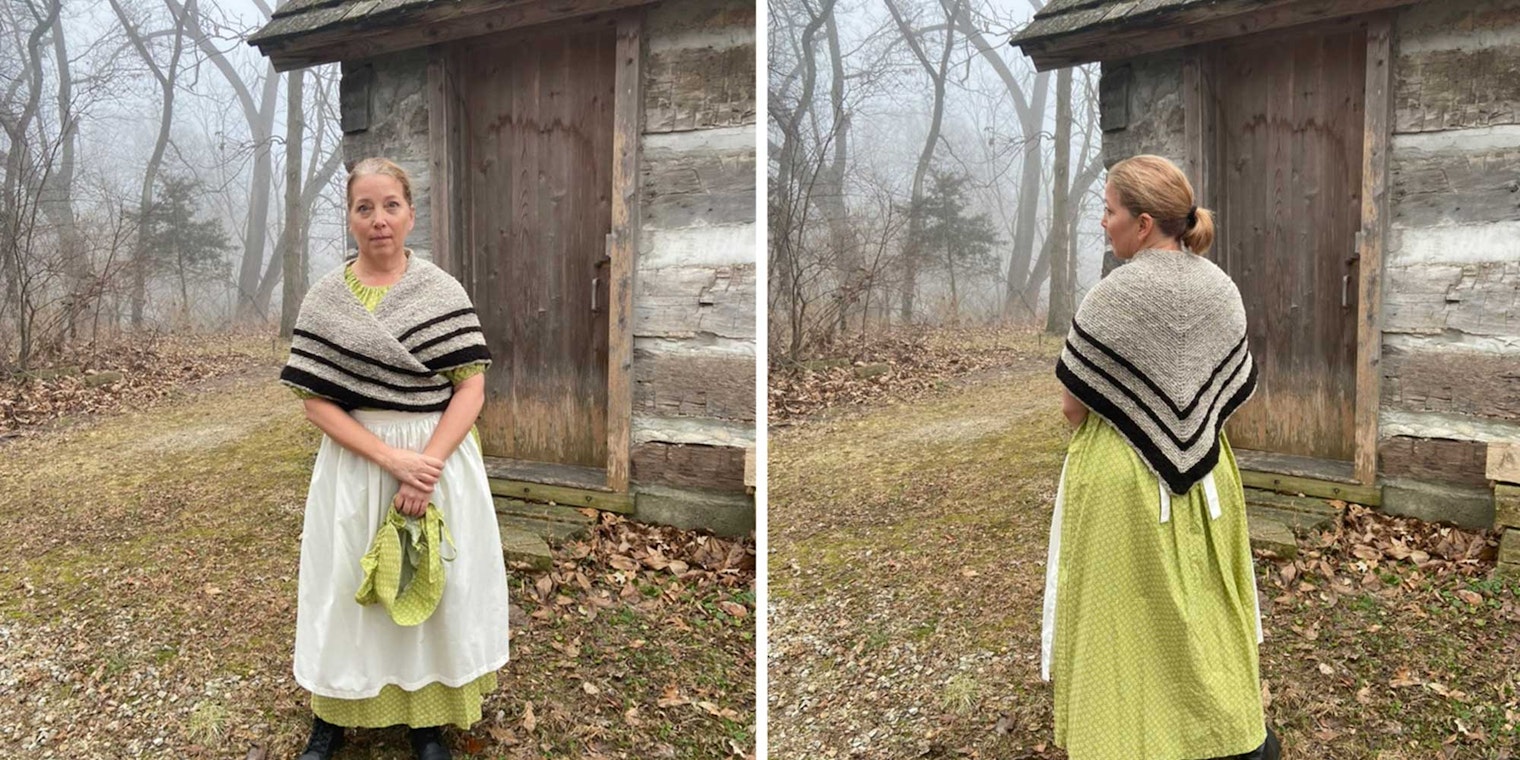 Kaye wearing her handspun sontag with period attire. Sontag shawls wrap around the front and tie at the back. Photos courtesy of Kaye Miller