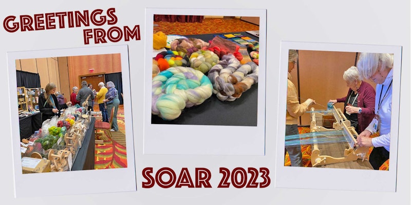 Shown left to right: The Marketplace offers something for everyone; fibers are lined up for the fractal spinning class; students set up their looms for a mixed-warp scarf. Background image by Ivan Shimko on Unsplash. All photos by Long Thread Media staff.