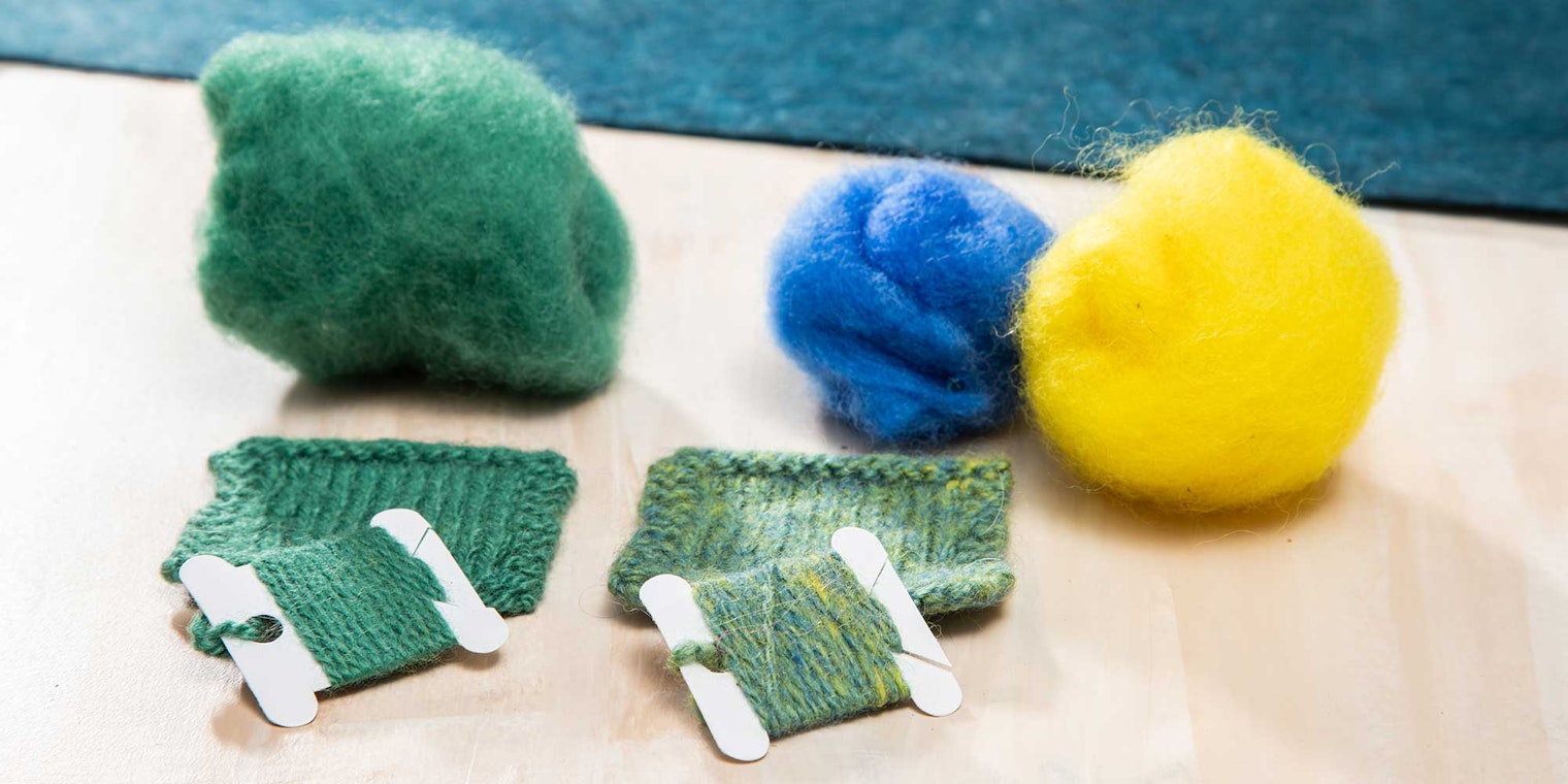 Alanna mixed dye stocks to create the solid green fiber on the left, and then she used dyed fiber to card the matching green on the right. Photos by Matt Graves unless otherwise noted