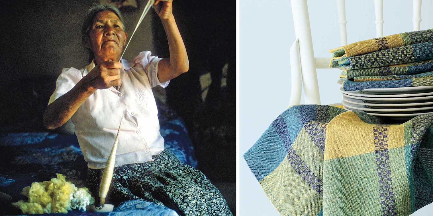 Left: Silk is spun from cocoons on a supported spindle (photo by Eric Mindling). Right: A combination of cotton and silk are used in these woven napkins; the silk makes the overshot pattern shine (photo by Joe Coca).
