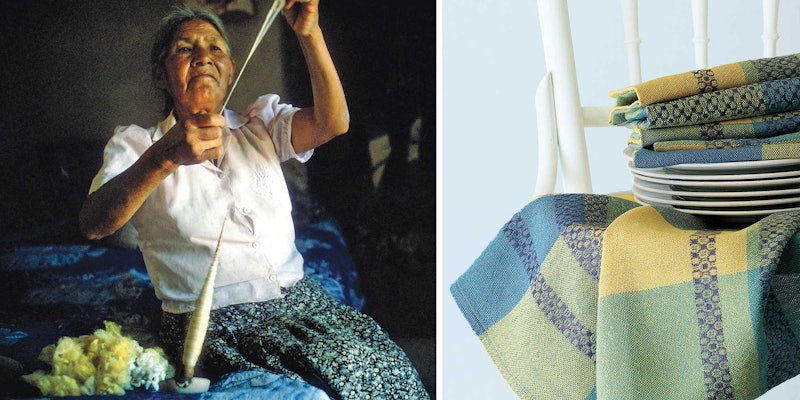Left: Silk is spun from cocoons on a supported spindle (photo by Eric Mindling). Right: A combination of cotton and silk are used in these woven napkins; the silk makes the overshot pattern shine (photo by Joe Coca).