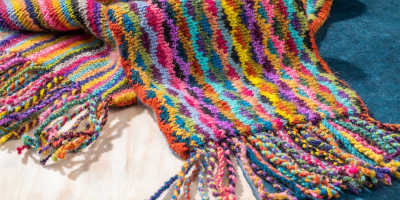 Swatching is a great way to sample color combinations and needle size, especially when working with handspun leftovers like Susan used in her scarf. Photos by Matt Graves