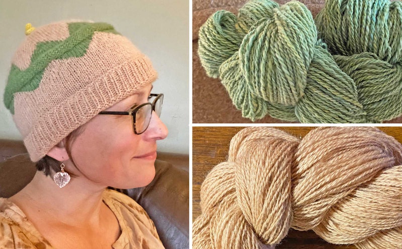 knitted hat and green and beige yarn