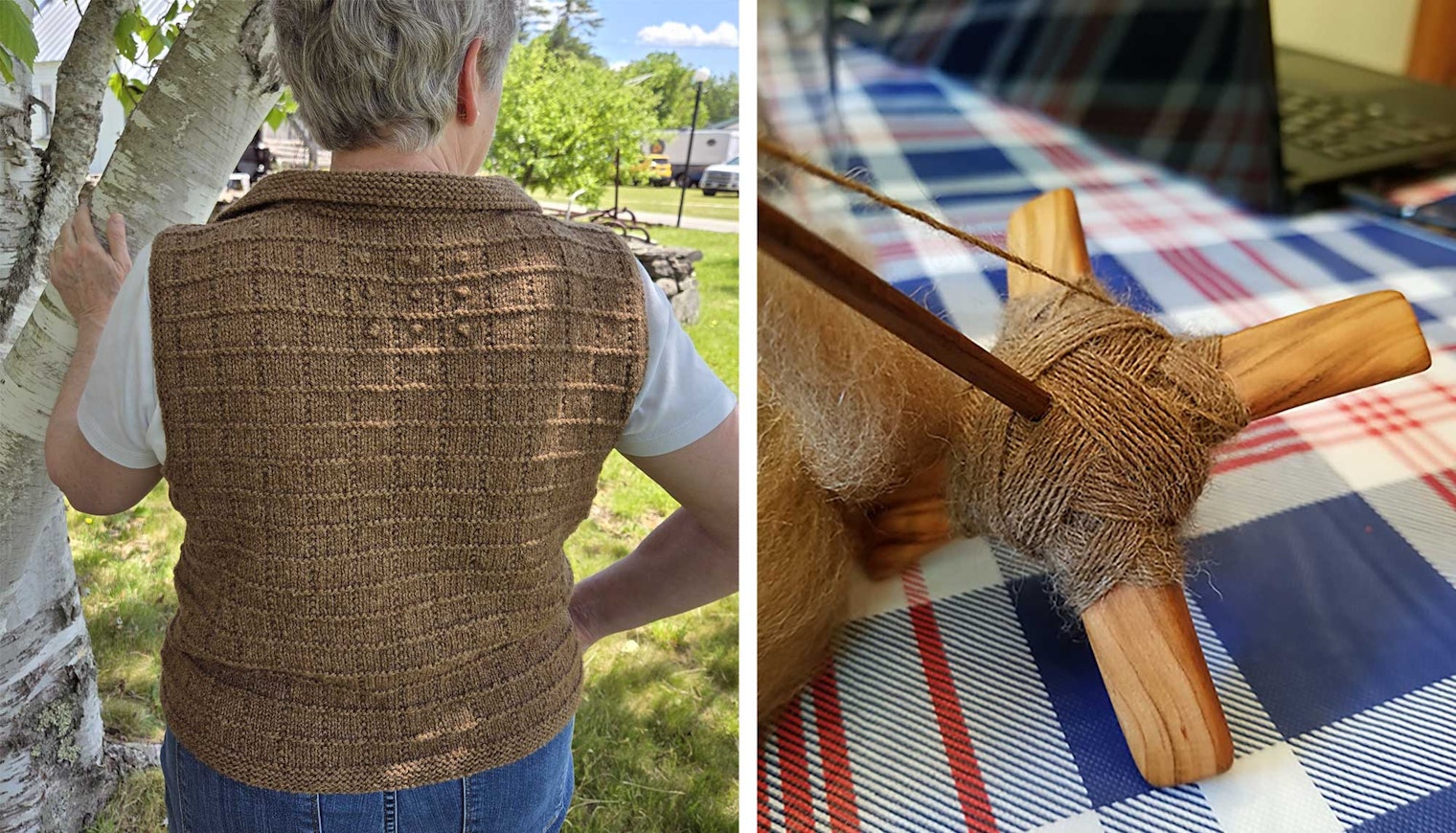 brown knitted vest and yarn on spindle