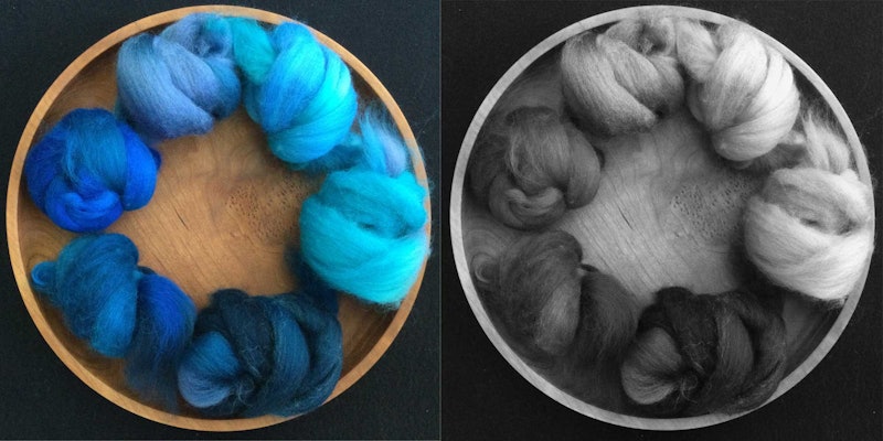 Left: six different values of blue fiber are arranged in a circle on a wooden plate. Right: the image has been converted to black and white, showing the value scale of each different color.
