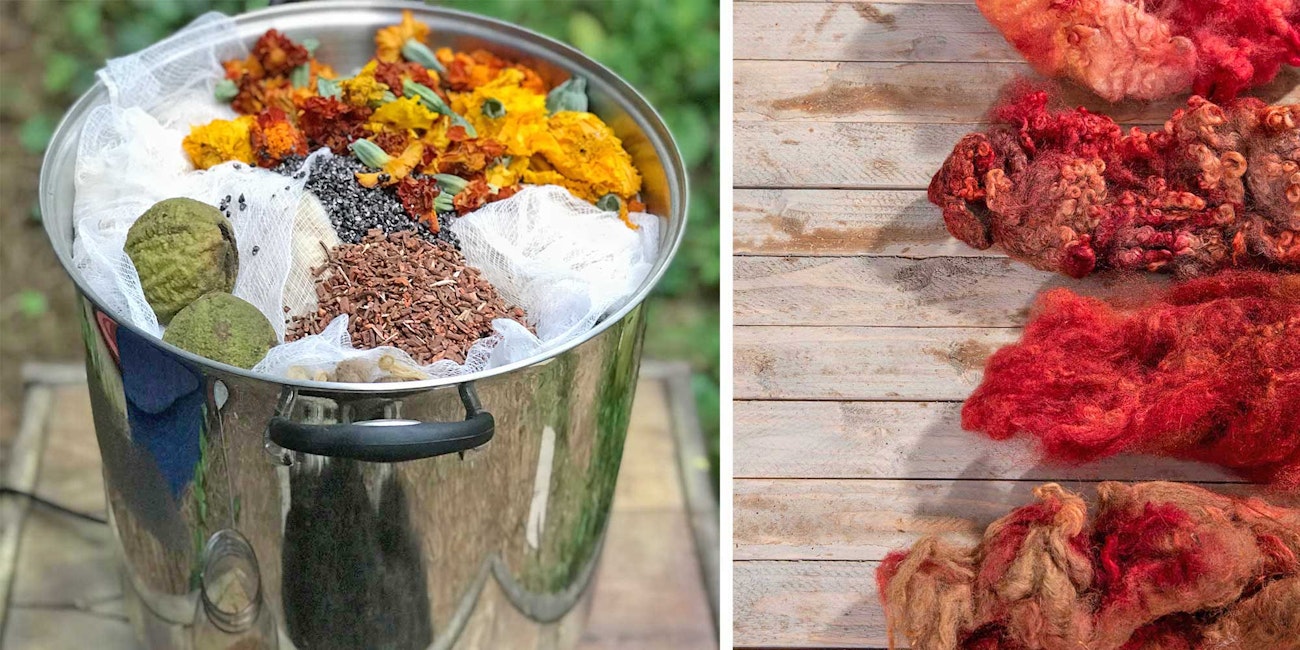 dyepot with plant matter and red fiber