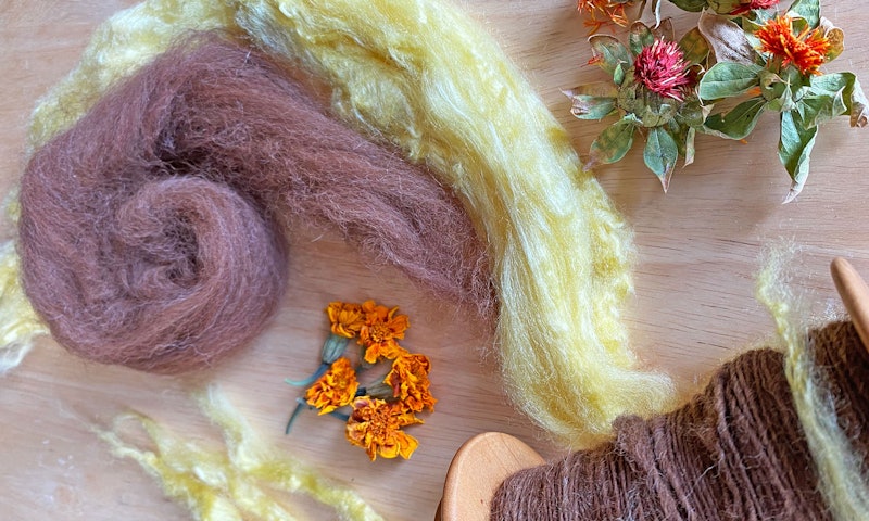 brown and yellow silk for spinning with dried flowers