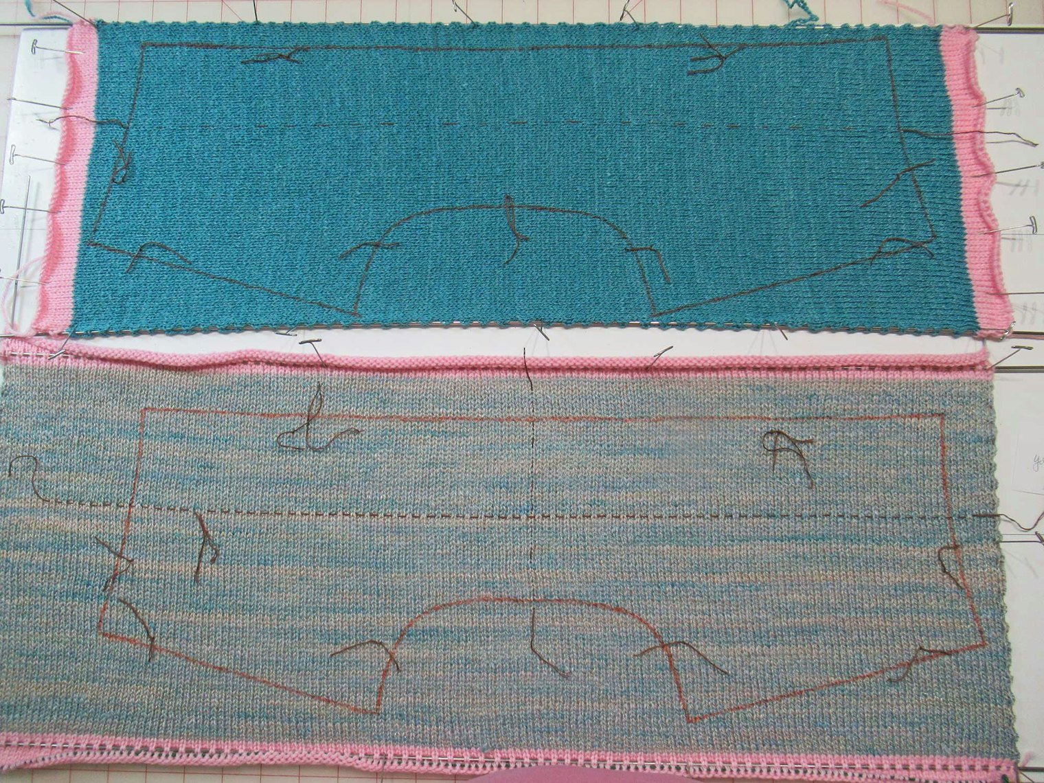 Blocking wires are threaded along the edges of the fabric to aid in pinning to the board.