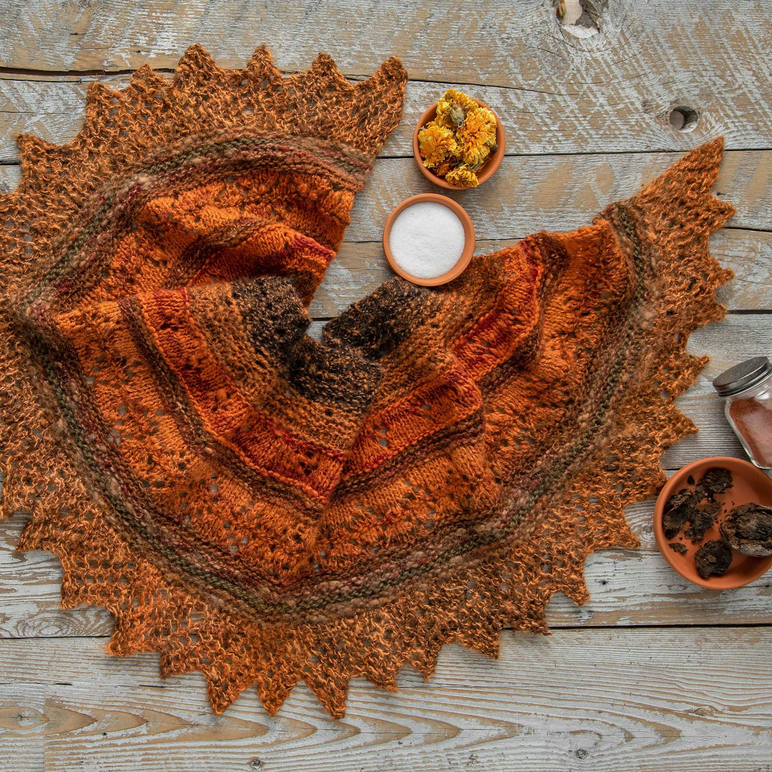 After the shawl was knitted, Martha used natural dyes to create a cohesive colorway. Photo by Matt Graves
