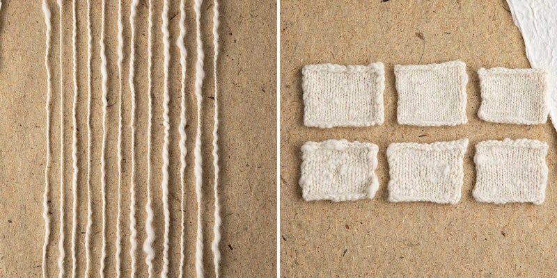Yarn samples with slubs (left) and knitted swatches made from the slubby yarn. The samples rest on a textured paper background.