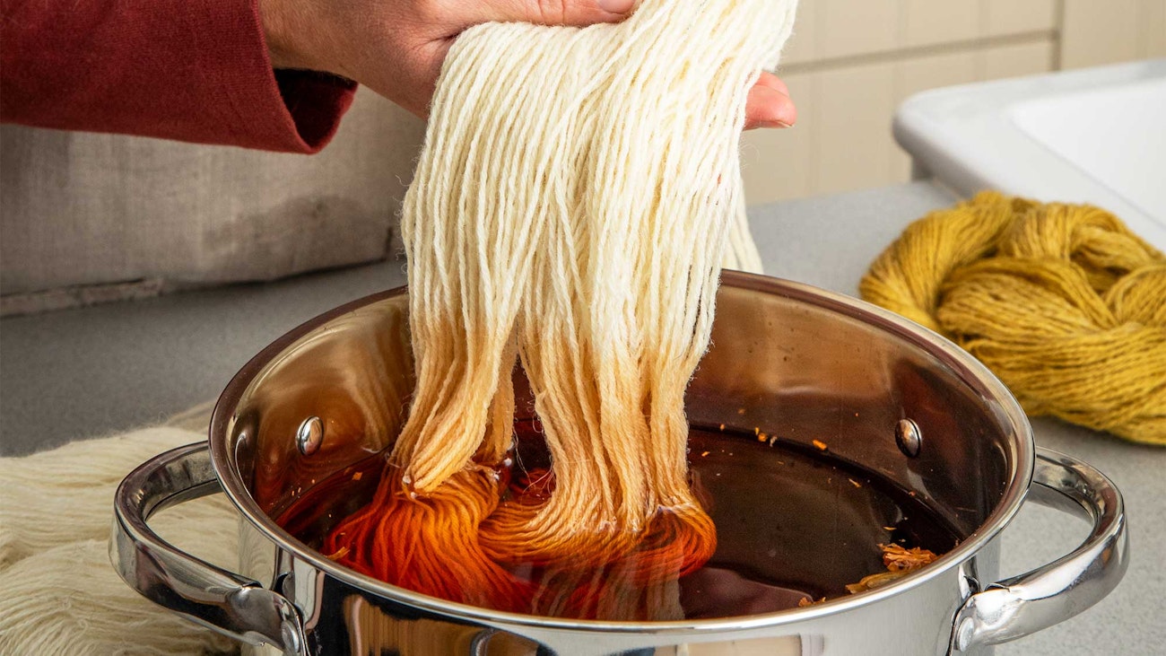 A hand dips undyed fiber into a pot of water infused with color from marigold flowers.