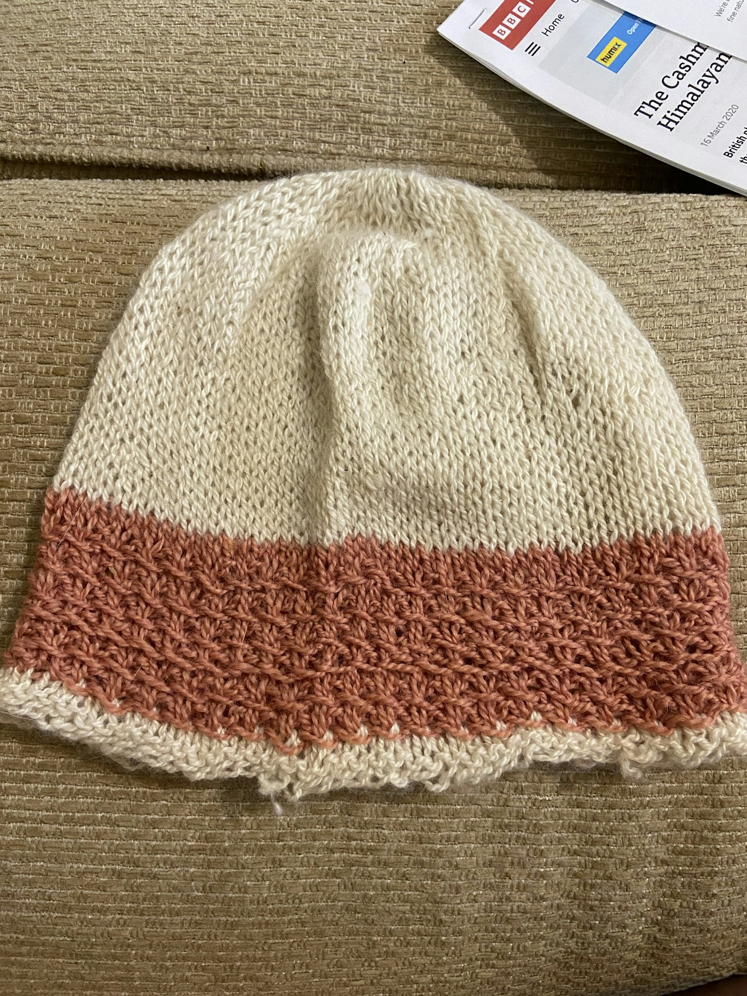 Ladakh Style Hat. Photo and submission from Deborah Hockenberry. "I watched shepherdess movies and Ladakh movies. They all seemed to be wearing a hat with a basket weave type border, so that’s what I tried."