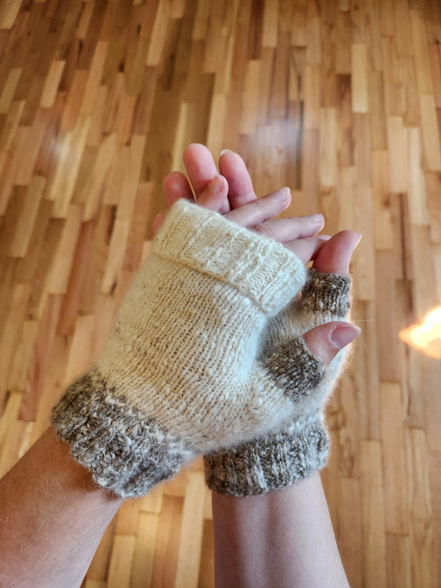 Ice and Earth Mitts. Photo and submission from Rowena Zuercher. "I processed all the cashmere by hand for this project, wanting the slow, intentional hours of the process to be reminiscent of the glaciers themselves, and the farmers who labor in those mountains."