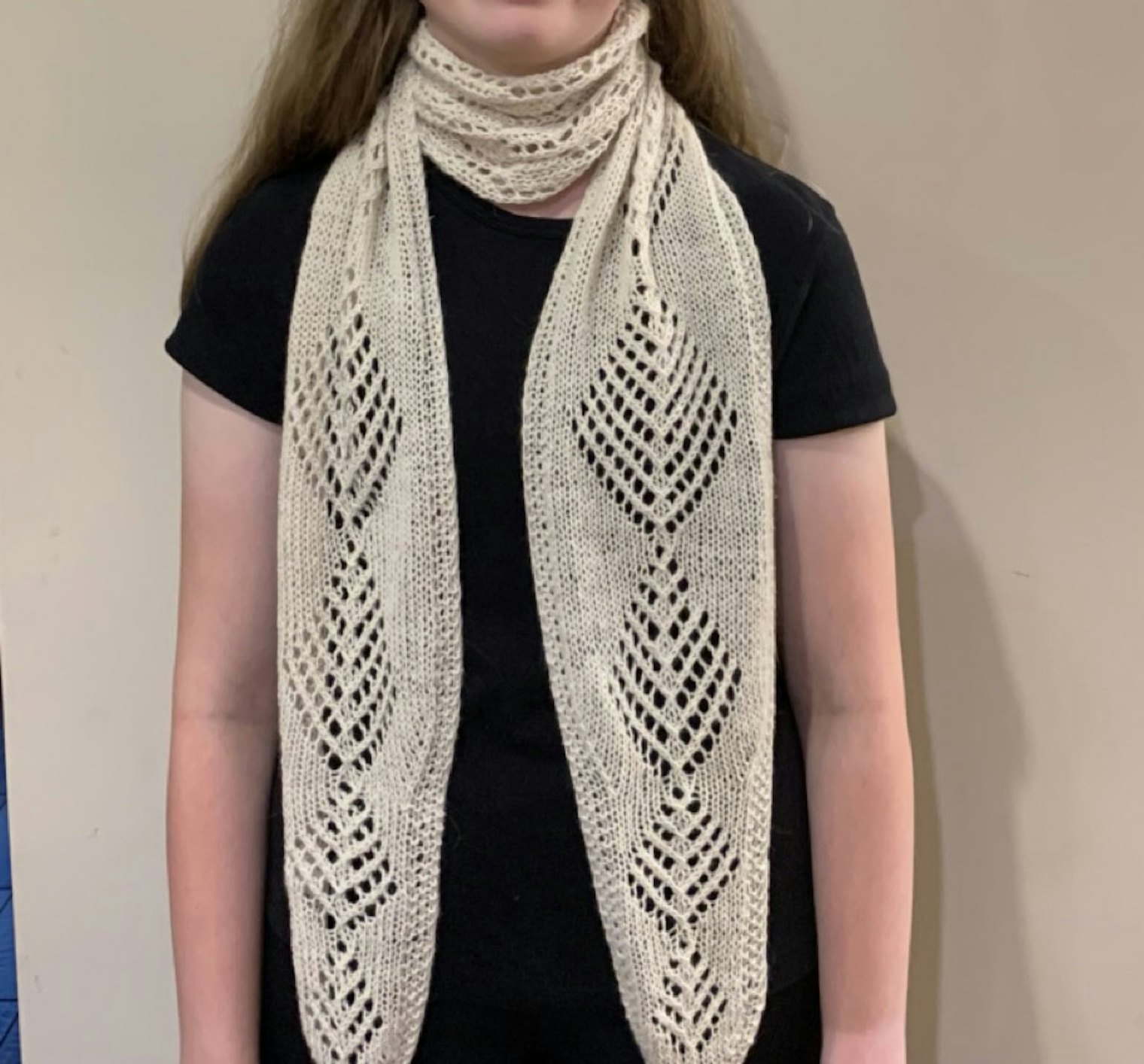Shetland Tree of Life Scarf - 1. Photo and submission from Myrna Anne Itzen Stahman. "This scarf, using three skeins of 100 percent cashmere, begins with a lace motif that is both vertically and horizontally reversible, representing the normal environment."