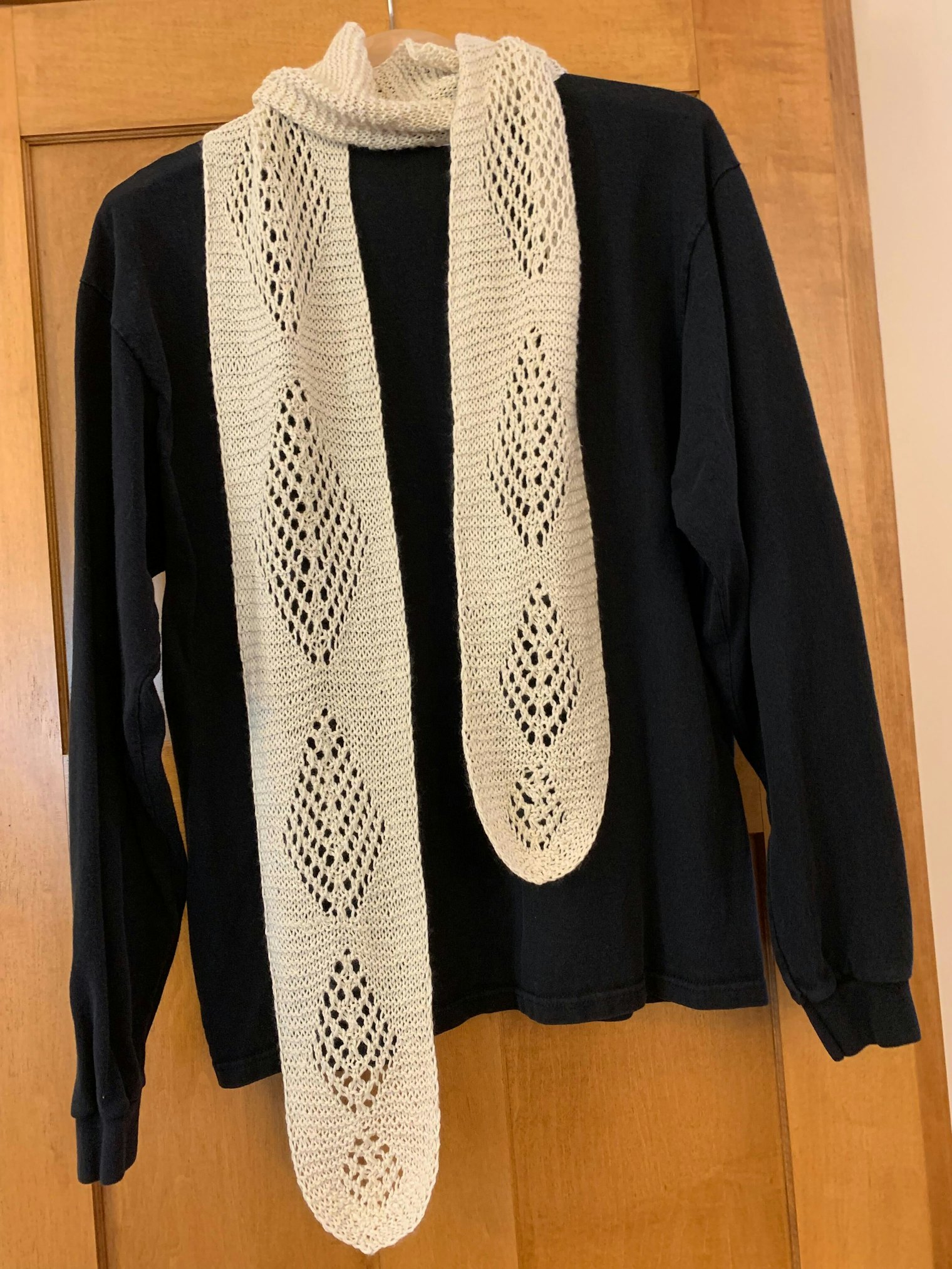 Shetland Tree of Life Scarf - 2. Photo and submission from Myrna Anne Itzen Stahman. "As the scarf progresses the Tree of Life gets smaller, until at the end it almost disappears, representing what the melting of the glaciers is doing to our environment."