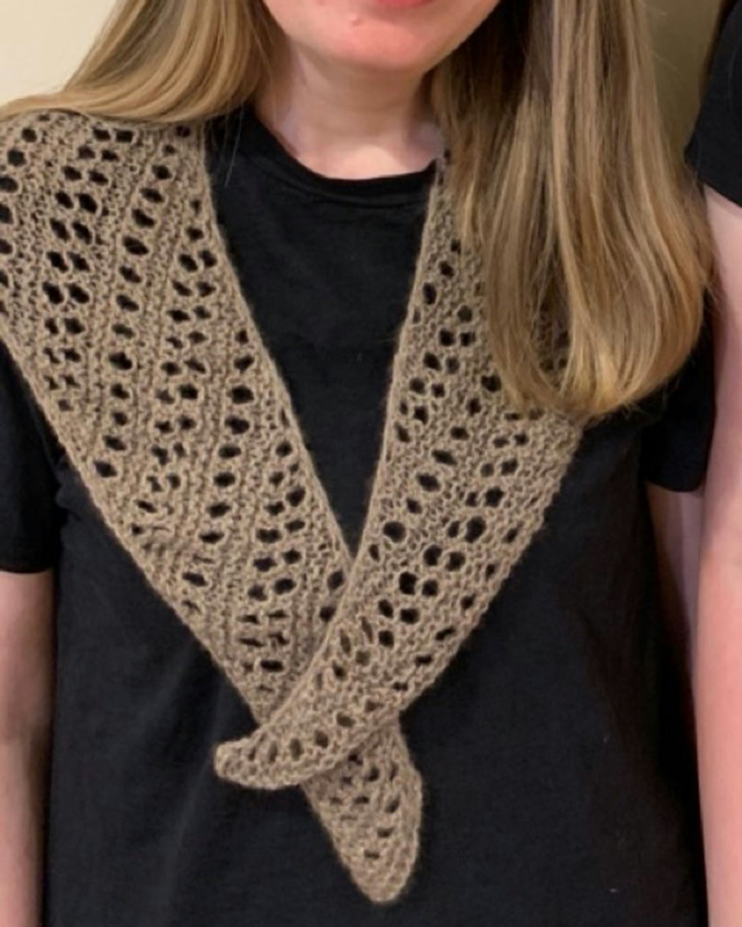 Crescent Scarf 2 - Garter Stitch Lace. Photo and submission from Myrna Anne Itzen Stahman. "I had two skeins of yarn left over after completing my Faroese-Shaped Shawl using the 100 percent handspun Cashmere from the Cashmere Center."