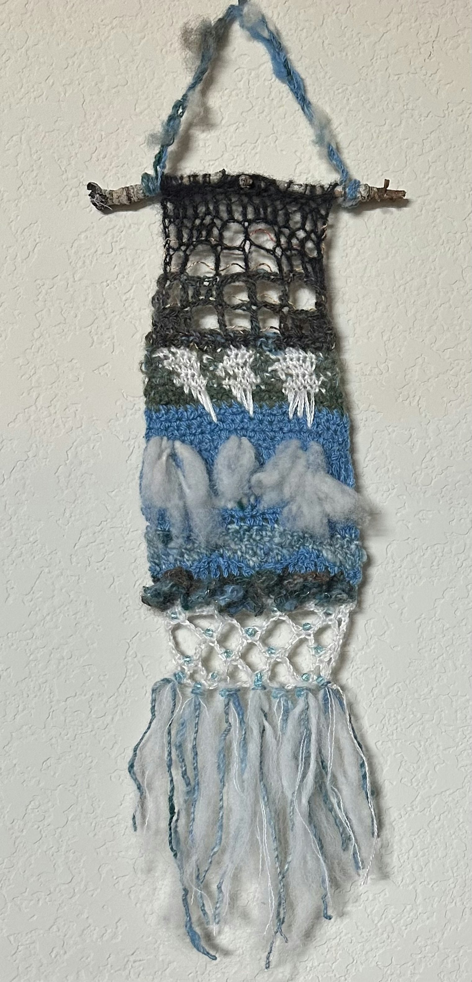 The Flow of Connection. Photo and submission from Karen M. Cooper. "I wanted to participate to feel less helpless and educate others, and to support Ladkah culture, shepherds, and women. Also to inspire others to crochet and expand my skills by learning new stitches and making my own design for a representational piece of my process."