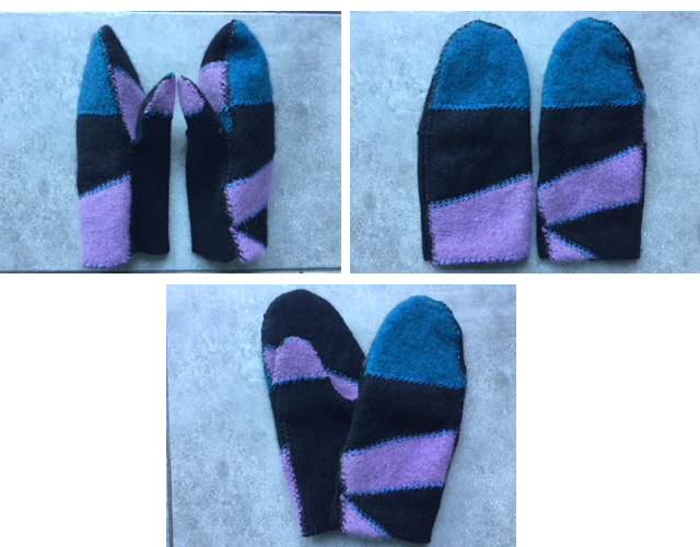 Upcycled Franken-Mittens. Photo and submission from Heather Browning. "These felted 100 percent cashmere mittens are made from upcycled cashmere sweaters which are saved from the trash."