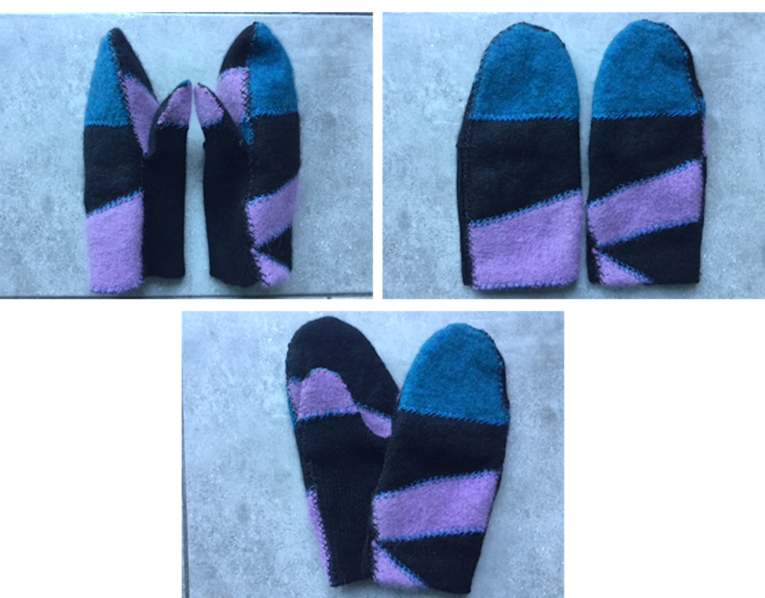 Upcycled Franken-Mittens. Photo and submission from Heather Browning. "These felted 100 percent cashmere mittens are made from upcycled cashmere sweaters which are saved from the trash."