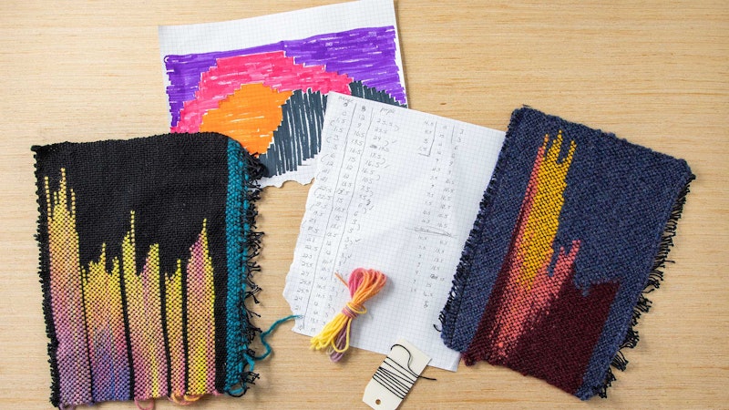 Samples and drawings of a planned pooling weaving experiment with handspun yarn.