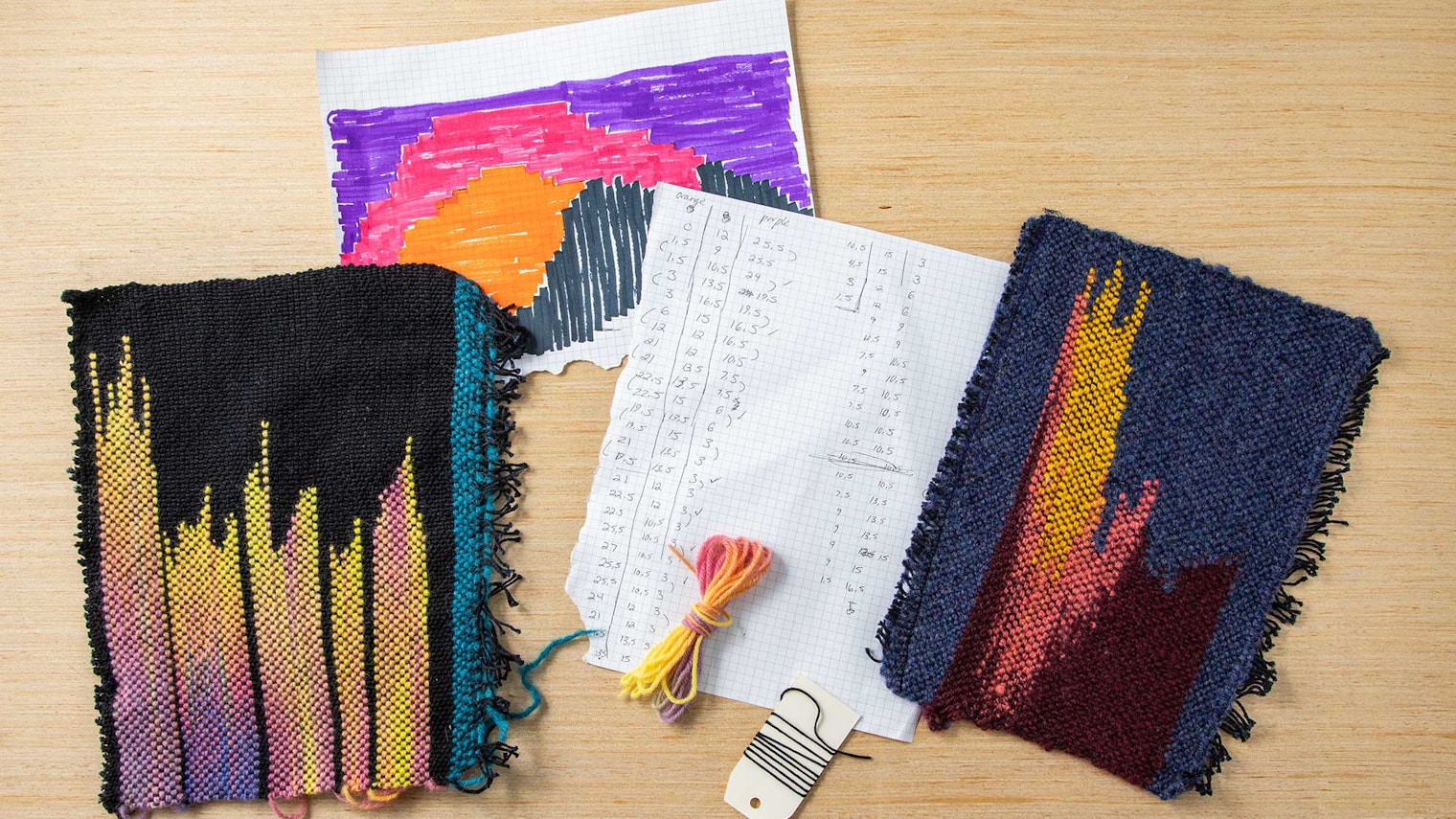 Samples and drawings of a planned pooling weaving experiment with handspun yarn.